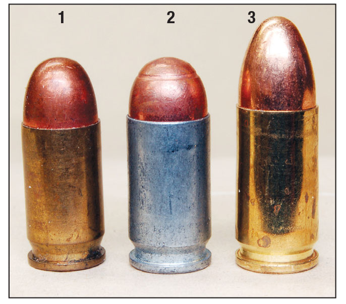 The (1) .380 ACP, (2) 9mm Makarov and (3) 9mm Luger appear almost identical, but dimensional differences prevent firing the Makarov in guns chambered for the other two.